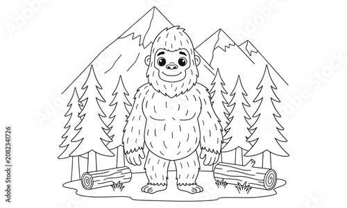 Cute Bigfoot Cartoon Character in Forest Coloring Page for Kids and Educational Activities