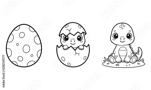 Cute baby dinosaur hatching from egg coloring page for kids educational school activity worksheet