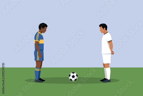 Two Soccer Players Facing Each Other with Football on Grass Field Vector Illustration