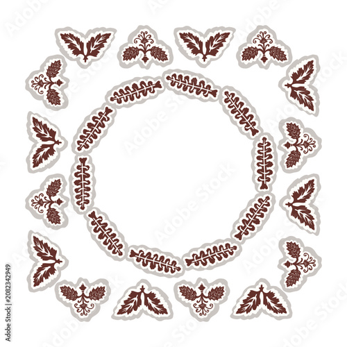 Hand drawn folk art greeting card frame motif. Flat isolated on white background vector illustration. Botanical scandi autumn fall nature design border ornament. Quirky framed childish flourish object