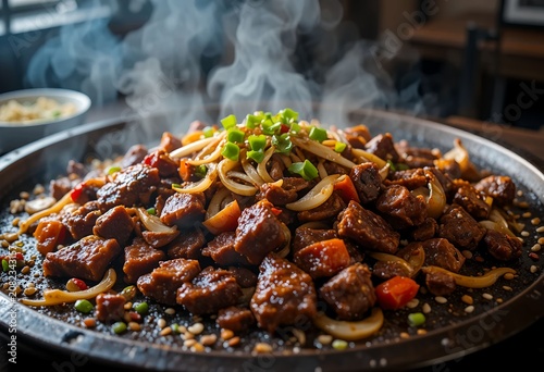 Street-style Korean BBQ Bulgogi served on a hot sizzling plate, caramelized beef, onions, peppers, sesame garnish, smoky atmosphere.