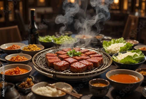 Luxury Korean BBQ dinner scene, Bulgogi beef surrounded by kimchi, rice, lettuce wraps, dipping sauces, elegant ceramic tableware, warm ambient lighting, authentic Asian aesthetic.
