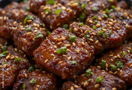 Macro shot of Korean Bulgogi beef, juicy caramelized meat fibers, glistening barbecue sauce, toasted sesame seeds, fresh herbs, appetizing close-up.