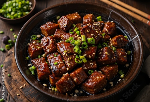 Korean BBQ beef with rich caramelized glaze, sesame seeds, fresh scallions, chopsticks, traditional Korean bowls, dramatic overhead composition, high-end restaurant menu style.