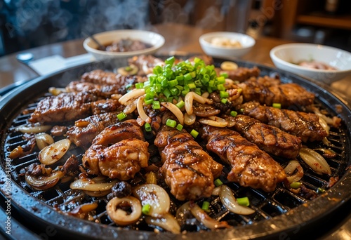 Authentic Korean Bulgogi beef served on a cast iron grill, perfectly caramelized meat, grilled onions, mushrooms, green onions, soy garlic glaze, warm restaurant atmosphere.