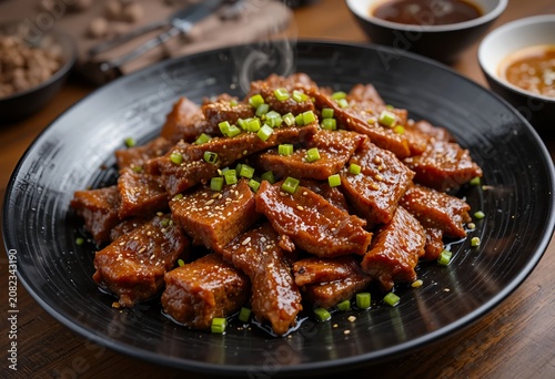 Premium food photography of Korean BBQ beef (Bulgogi style), caramelized thinly sliced beef, glossy soy glaze, sesame seeds, green onions, served on a black ceramic plate, elegant Korean table setting