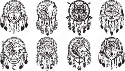 Tableau sur toile Set of decorative wolf head dream catcher illustrations with tribal feathers in