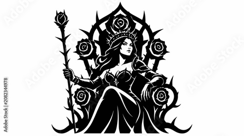 Obraz na płótnie Queen sitting on thorn throne holding a rose staff