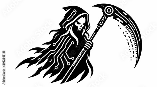 Foto Cyber mechanical reaper silhouette with tech scythe