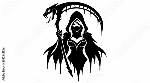 Foto Hooded reaper woman with snake handle scythe.