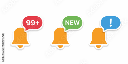 Three notification bell icons with different speech bubble messages isolated on transparent background