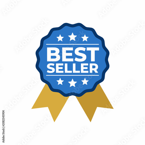 Blue badge award ribbon labeled best seller isolated graphic design element
