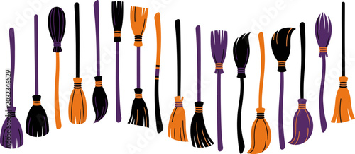 Obraz na plátně Set of Halloween witch brooms, magic flying besoms in orange, black, purple colo