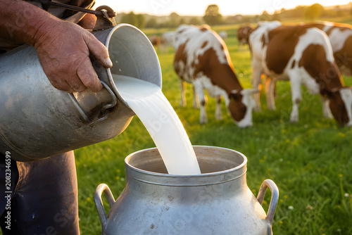 Farmer pouring fresh milk into a traditional metal can. Dairy cows graze in a sunny field, highlighting natural farm produce