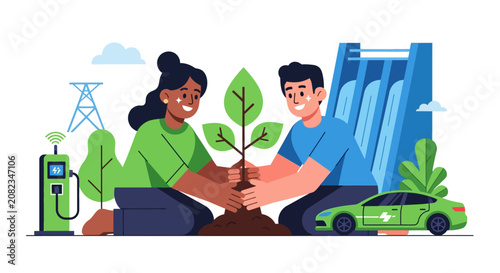 Two people planting a tree, surrounded by symbols of green energy and environmental sustainability, such as an EV charger, a dam, and an electric car.