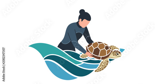 A person in a wetsuit gently releasing a sea turtle into stylized blue ocean waves.