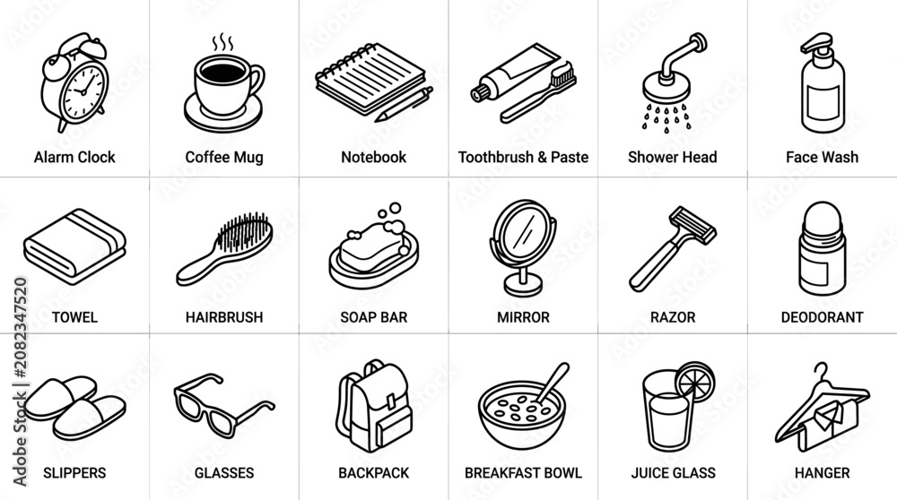 Fototapeta premium Isometric Morning Routine and Personal Care Icon Set