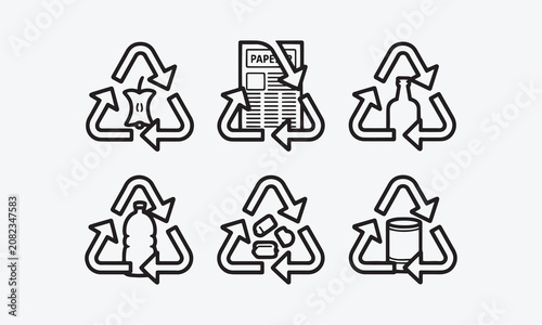Recycle symbols for organic, paper, glass, plastic, mixed and metal waste, recycling waste signs line art 