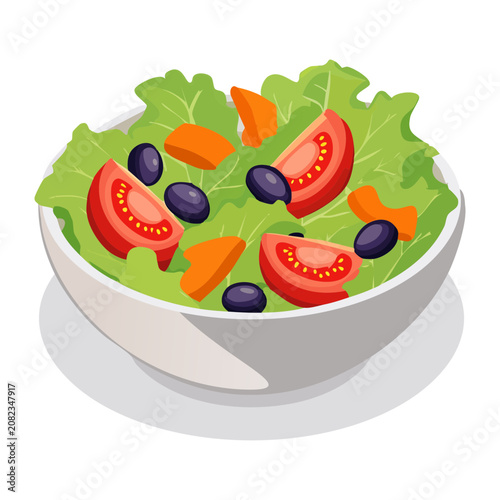 Wholesome vegetable salad bowl filled with green lettuce black olives and red tomatoes for a nutritious clean eating diet meal - Vector Illustration