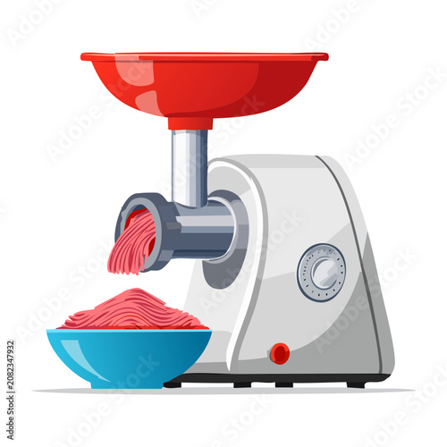 Fotografie Industrial style electric meat grinder mincing fresh raw beef into a blue bowl f