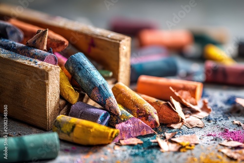 Close-up of colorful broken crayons spilled from a wooden box on a textured desk