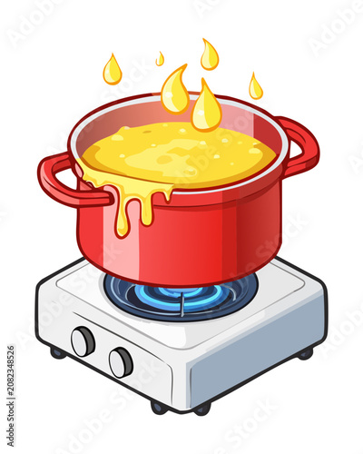 Red cooking pot boiling hot soup or stew on portable gas stove burner during culinary preparation in kitchen fresh fresh - Vector Illustration