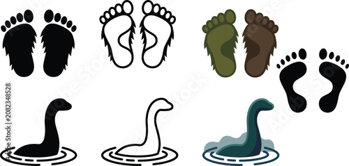 Φωτογραφία Diverse Cryptozoology Icons Set Featuring Bigfoot Sasquatch Monster Footprints a