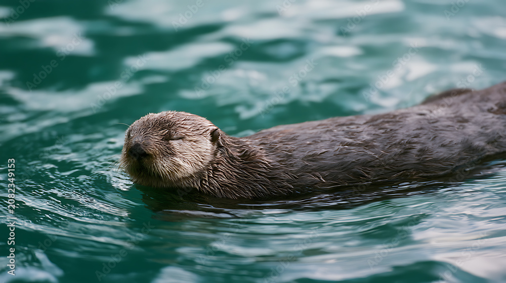 Fototapeta premium A serene otter floats peacefully in clear, turquoise water, its eyes closed in a moment of calm and relaxation, capturing natural tranquility