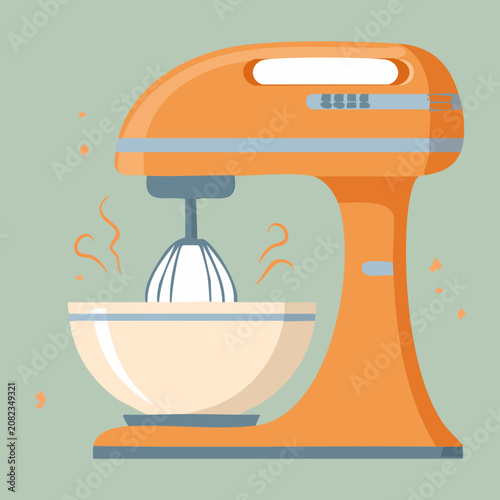 Bright orange culinary electric stand mixer with metal container blending flour and eggs for home baking and pastry - Vector Illustration