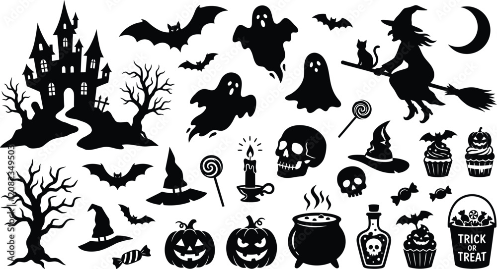 Fototapeta premium Halloween day black silhouette icons set bats witches pumpkins and spooky symbols for decoration