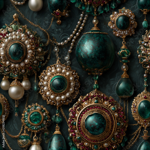 Luxury Vintage Emerald and Pearl Jewelry Seamless Pattern