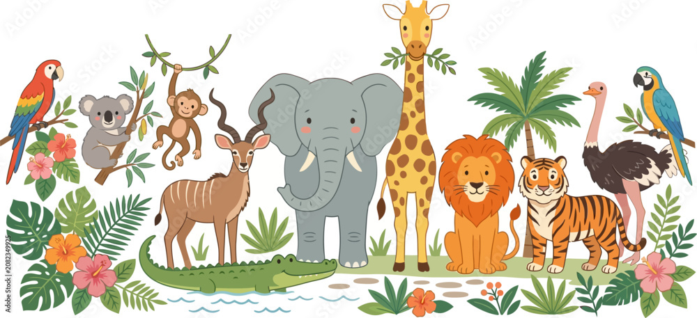 Obraz premium Cartoon jungle animals and tropical plants