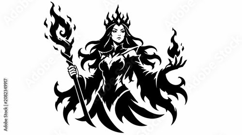 Bild auf Leinwand Fire sorceress mascot with flaming staff and crown.