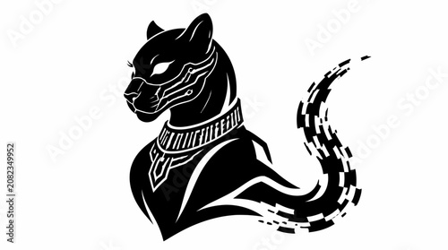 Cybernetic panther silhouette with digital glitch and collar.