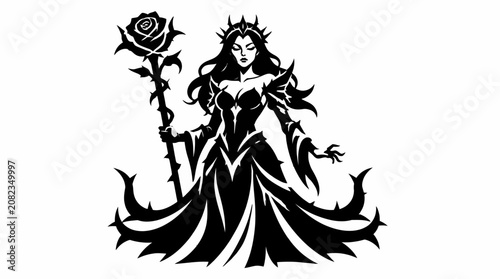 Schilderij op canvas Dark queen sorceress holding rose staff and crown.