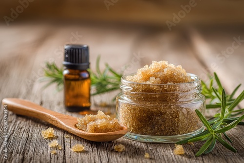 Close-up of earthy brown sugar scrub in a jar with rosemary sprigs and essential oil on wood