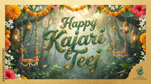Celebrate Kajari Teej with monsoon-inspired festive designs featuring floral swings, mehndi, bangles, lush greenery, and traditional elegance.