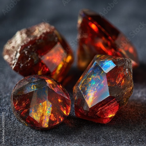 Close-up still life of polished fire opal specimens showcasing warm red-orange color and shimmering play of color
