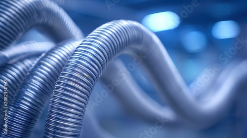 Close-up of a flexible metal hose forming alternating curves in brushed stainless steel