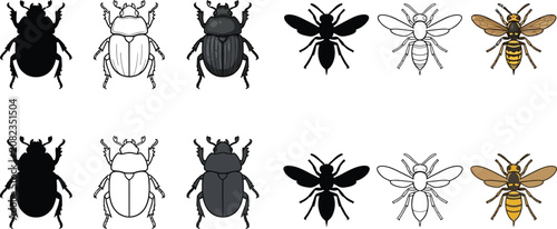 Bild auf Leinwand Scarab beetle and wasp insect set featuring black silhouette line art outline an