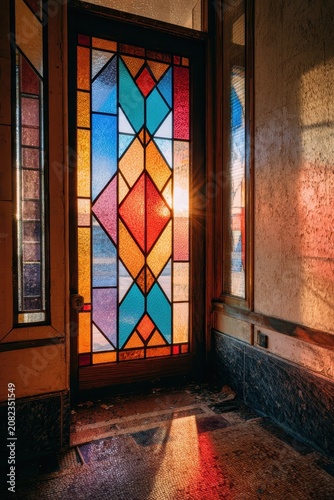 Geometric Art Deco glass panel in a derelict hotel, colorful triangular design illuminating a dusty corridor