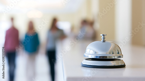 Chrome reception bell on a clean white counter with blurred indistinguishable people in the background, signaling service await