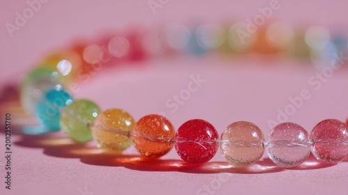 Close-up of a colorful candy necklace on a soft pink pastel background