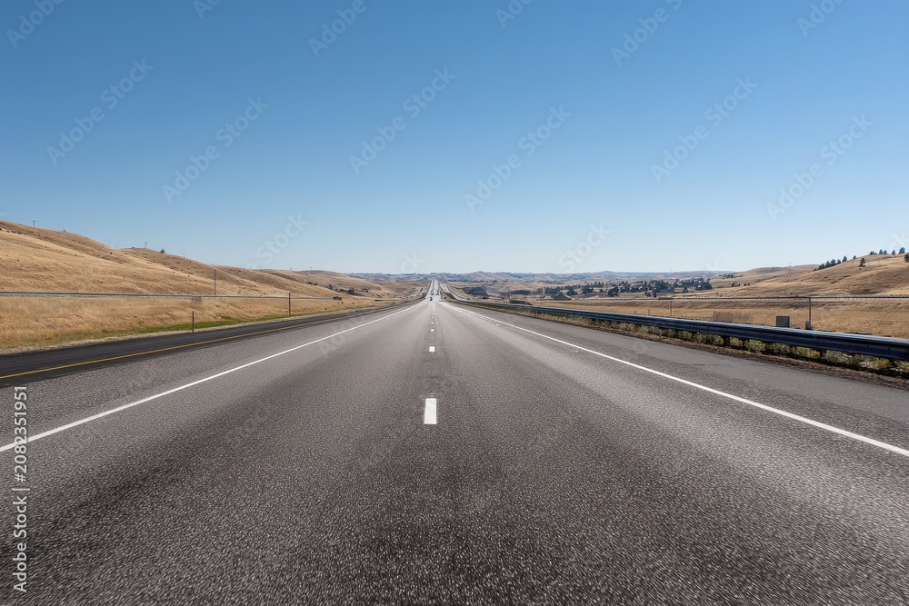 Obraz premium Deserted four lane interstate highway under a clear blue sky