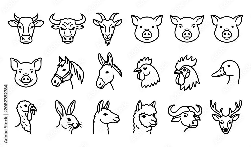 Fototapeta premium Farm Animal Head Outline Icons Black and White Vector Collection