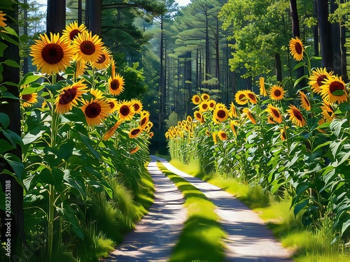 Sunflowers line a winding forest path.