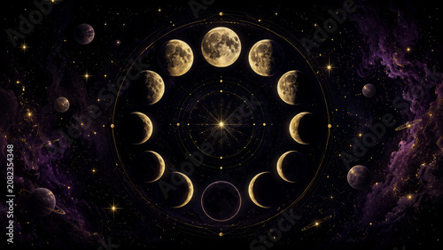 Stunning Celestial Illustration Featuring Complete Lunar Phase Cycle Arranged in Decorative Golden Geometric Frame Surrounded by Cosmic Planets, Glowing Stars, and Ethereal Purple Nebula Clouds