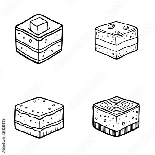 Set of four hand-drawn square desserts, cakes, or pastries in a clean line art style