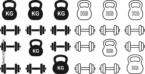 Bild auf Leinwand Fitness equipment icons kettlebells and dumbbells black and white vector set