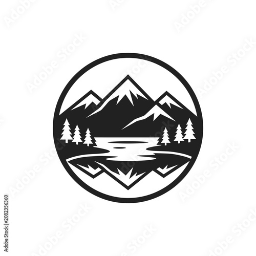 Circular mountain landscape and pine forest badge.